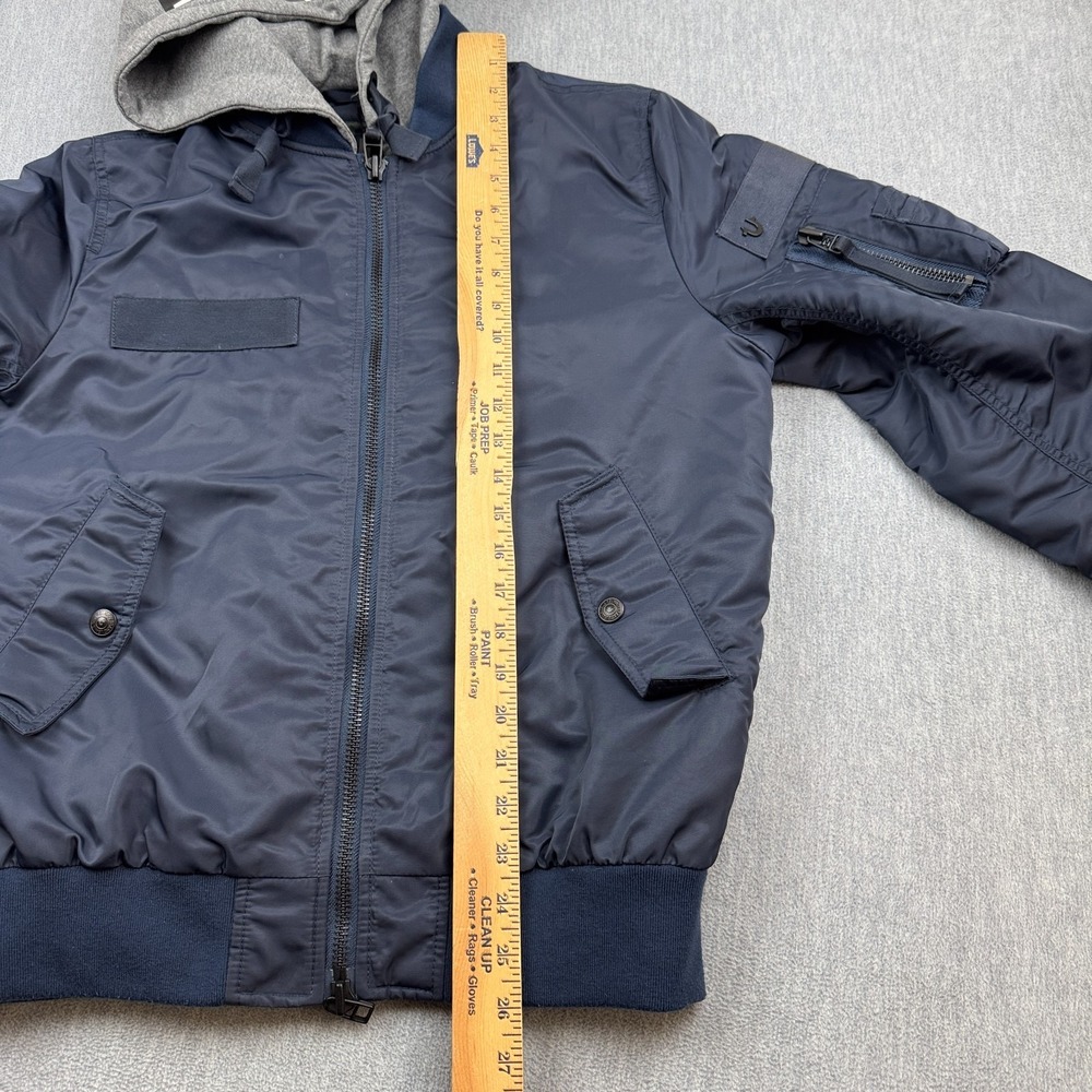 True Religion Bomber Jacket Mens Small Blue Quilted Full Zip Hooded Pockets Coat - Picture 9 of 13